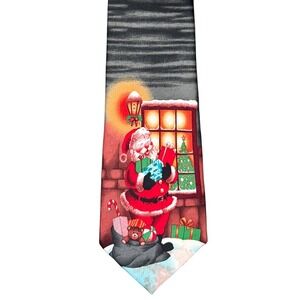 Vintage Novelty Santa Christmas‎ Tie Holiday Gift Snow Window Night Korea 90s